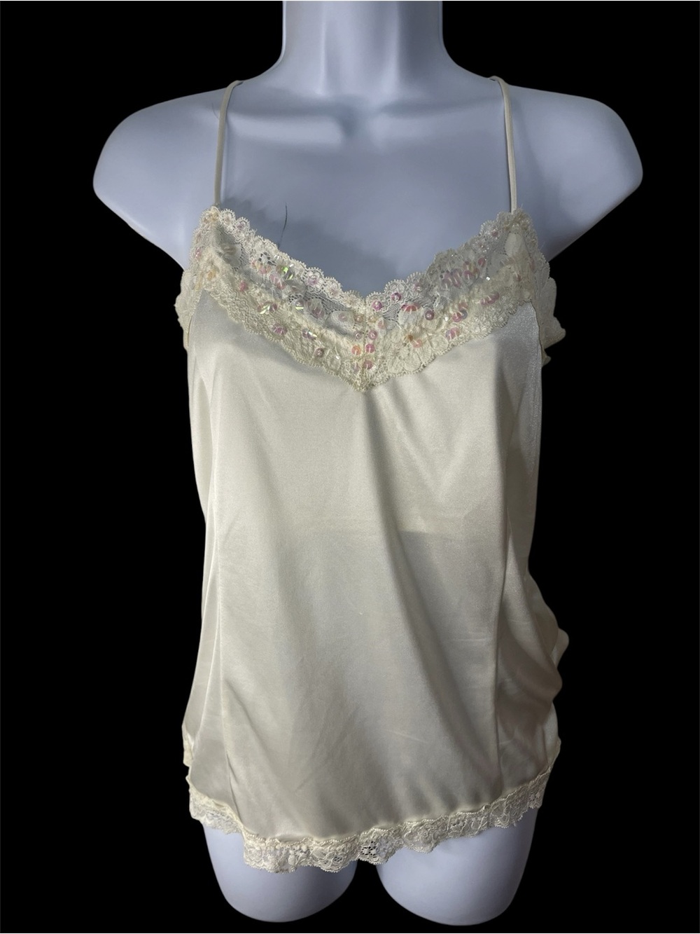 Cream Vintage Y2K Satin Lace Fairy Romantic Sequin Camisole size Large